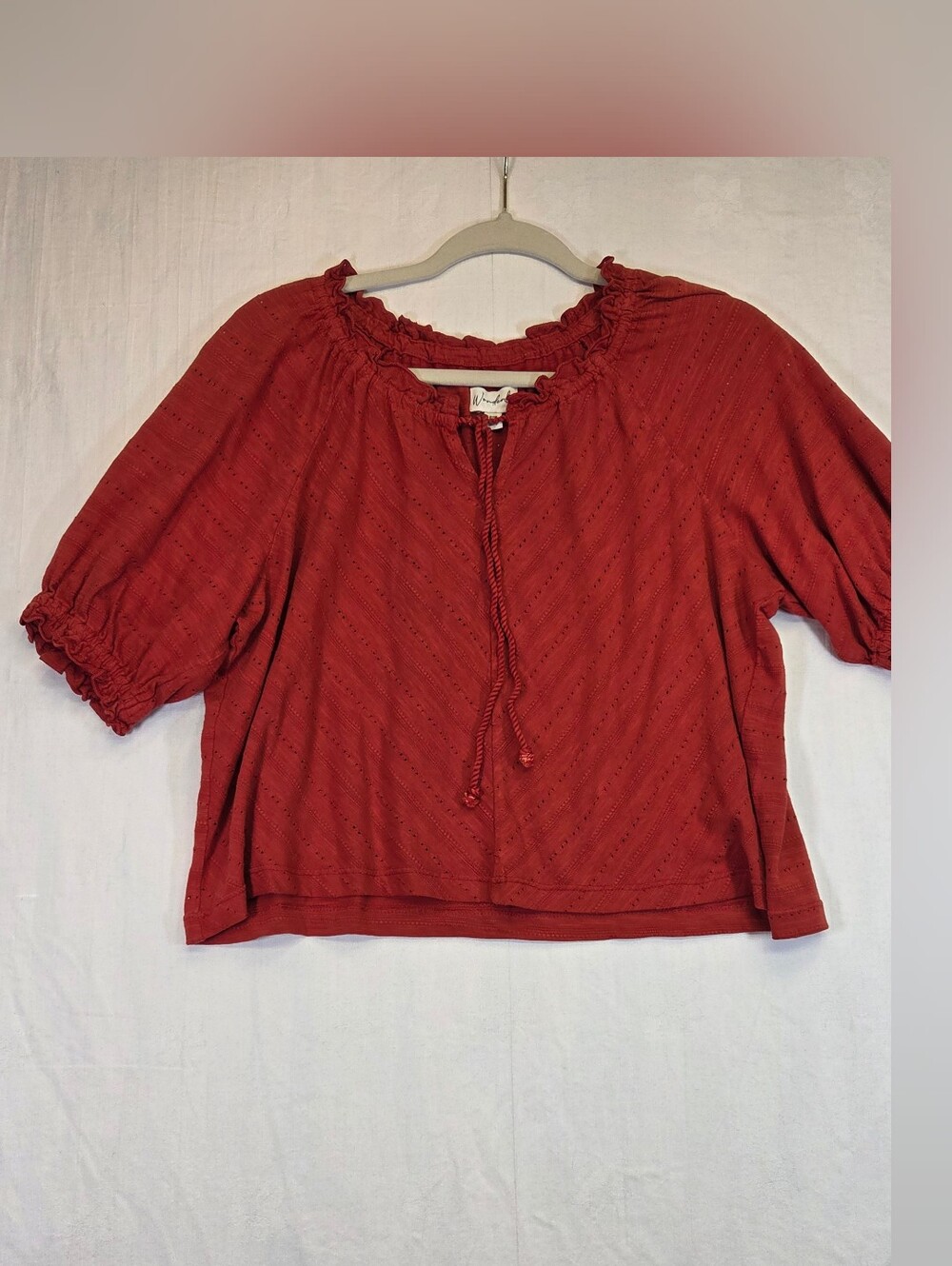 Wonderly Petite Small Rust Eyelet Puff Sleeve Boho Peasant Top PS. #0394